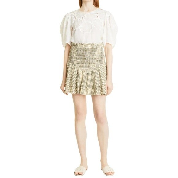 NWT Veronica Beard Aloya Smocked Gingham Mini Skirt Olive & White Size Large NEW - Picture 4 of 16